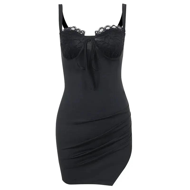Sexy V Neck Lace Strap Dress With Slim Fit Suspenders - OurLum.com