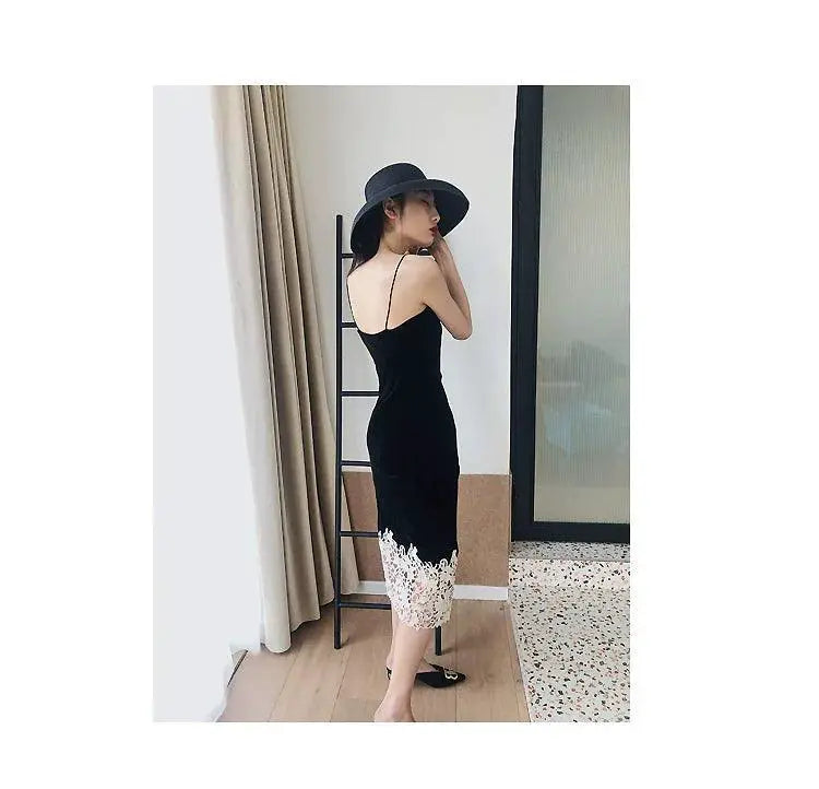 Lace Stitching Black Velvet Dress Retro Chic Statement