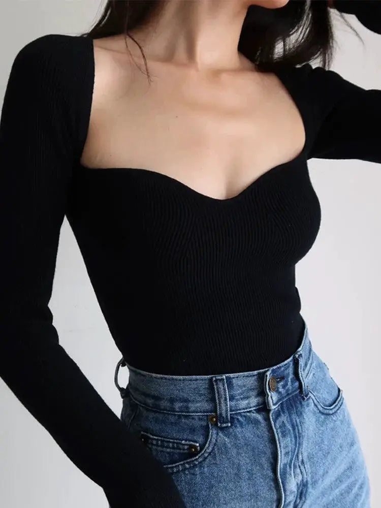 Retro Square Collar Knit Top Urban Fashion Essential Chic