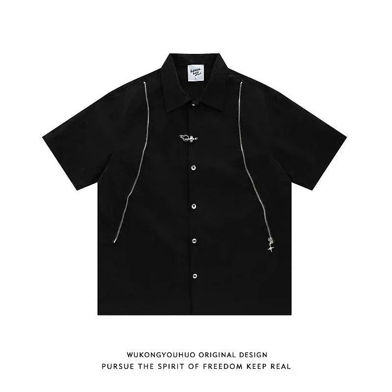 Wukong Goods American Retro Zipper Short Sleeve Shirt