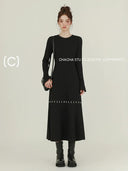 Fashionable Black Long Sleeve Dress Versatile A-Line Style