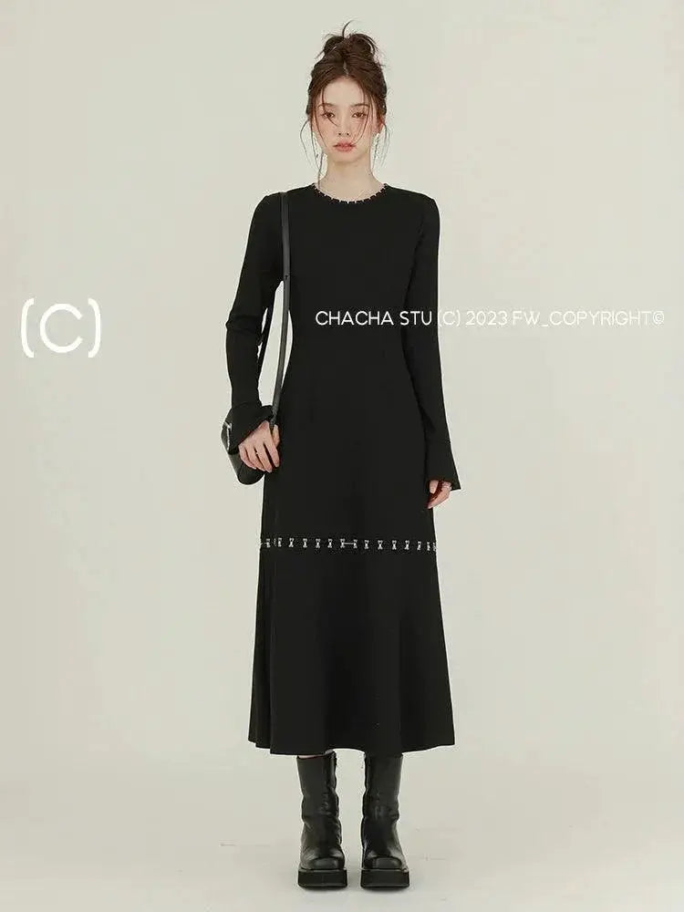 Fashionable Black Long Sleeve Versatile A Line Dress Autumn