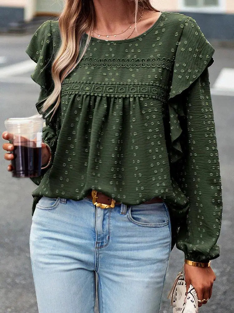Polka Dot Jacquard Long Sleeve Lace Pullover Women