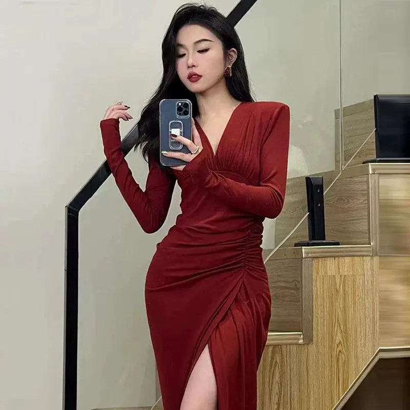 Elegant Red Sheath Dress Autumn Chic V Neck Style Allure