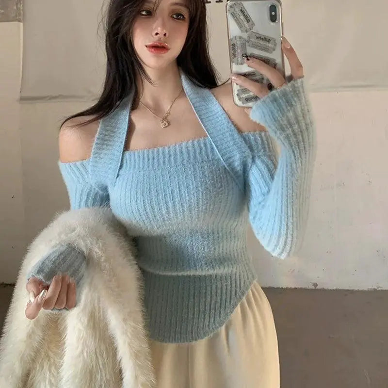 Red Halterneck Sweater Chic Winter Knit For Trendy Youth
