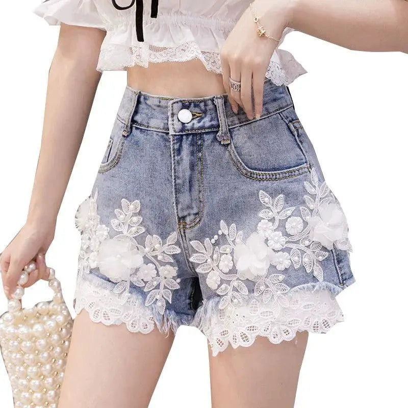 European Floral Embroidered Denim Shorts High Waist Summer