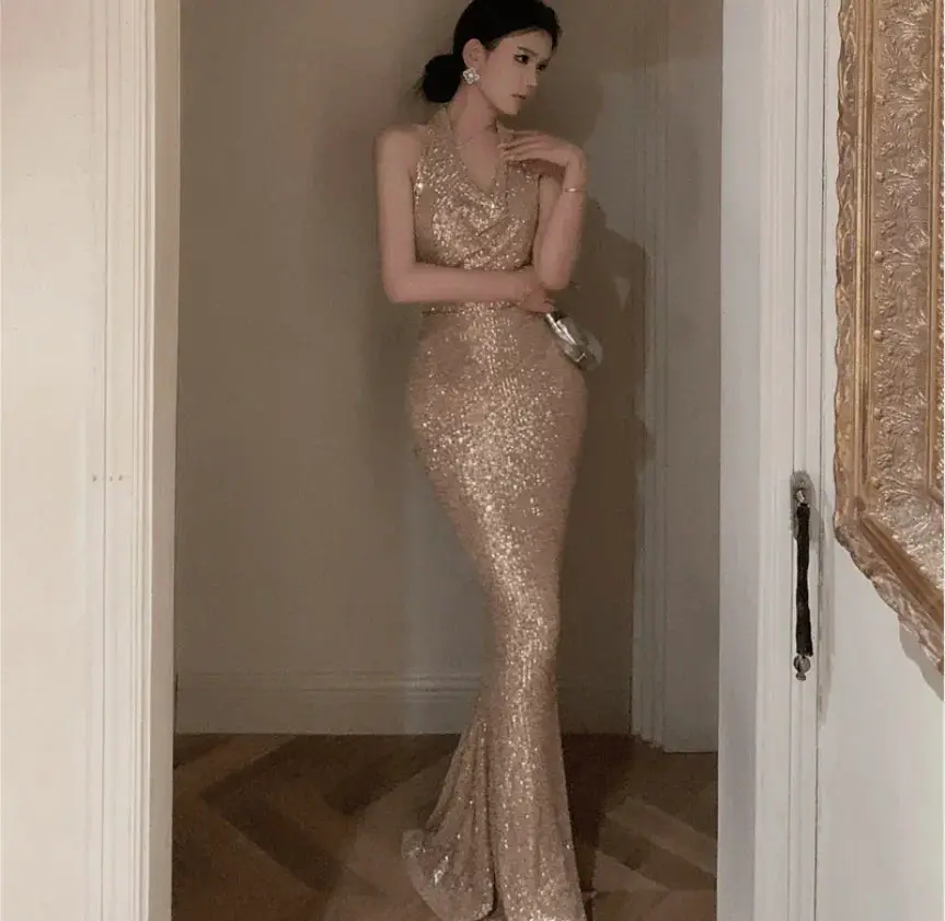 Pure Champagne Shiny Swing Collar Dress Elegance Silk Shine