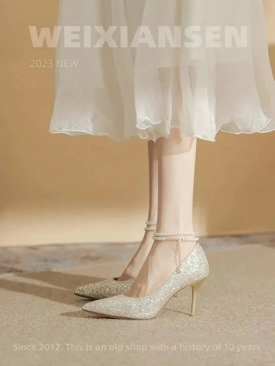 French Gold Ankle Strap High Heels For Elegant Parties