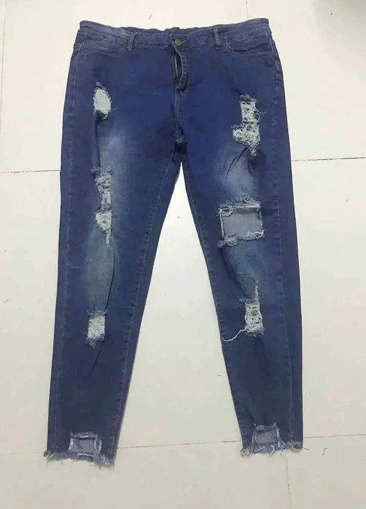L To 5XL Plus Size Stretch Ripped Jeans High Rise Denim