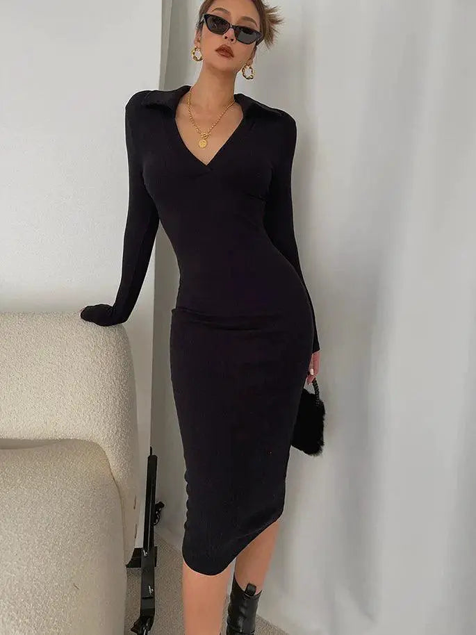 Autumn V Neck Dress With Elastic Waist For Women Fashion