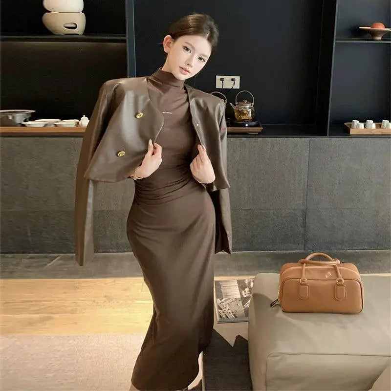 Maillard Salt Leather Turtleneck Coat Winter Style Essential