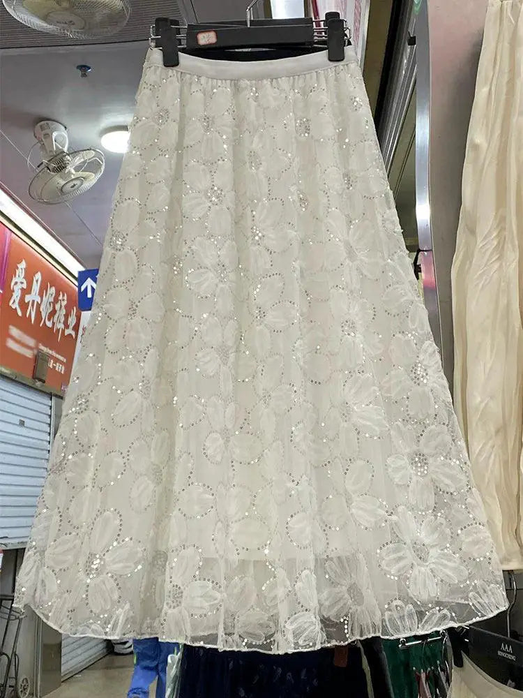 French Lace Flowers Tulle Skirt Sequin A Line Midi Long