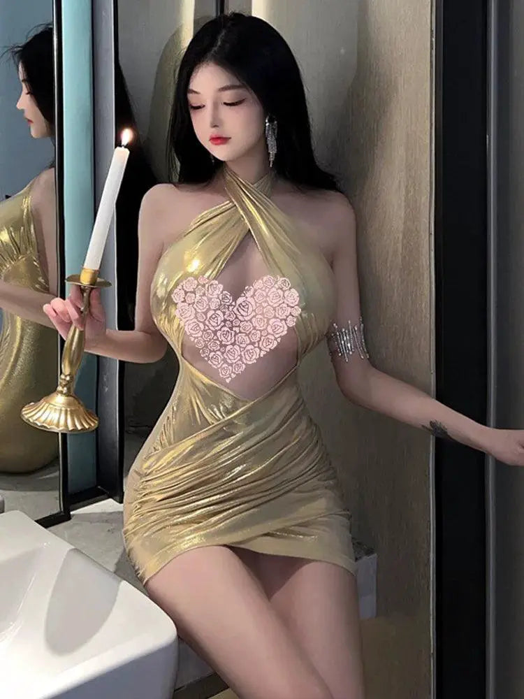 Glossy Halterneck Ultra Short Dress For Summer Style