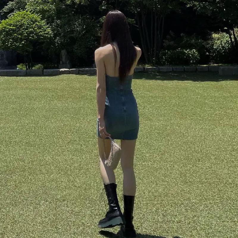 Spring Denim Backless Halter Dress For Young Adults