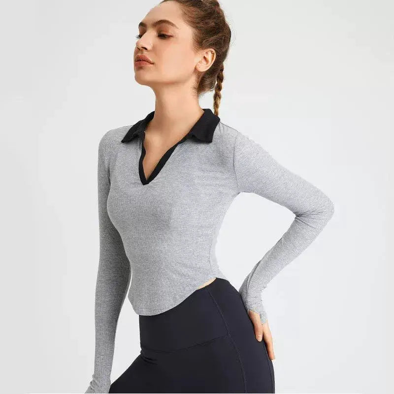 Lapel Contrast Color Maternity Sports Tee for Pregnant Women