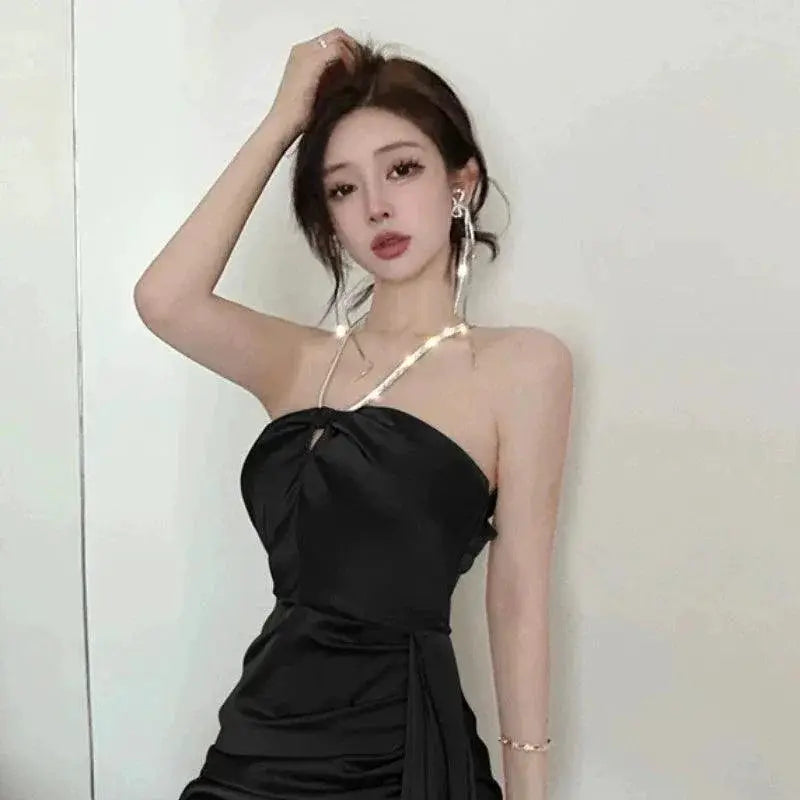 French Chic Satin Tuxedo Dress Elegant Evening Attire
