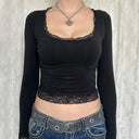 Stylish Dark Square Neck T-shirt Trendy Lace Trim Fashion