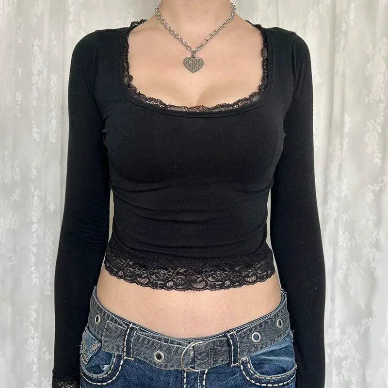 Dark Square Neck T Shirt With Lace Trim Fashion Edition