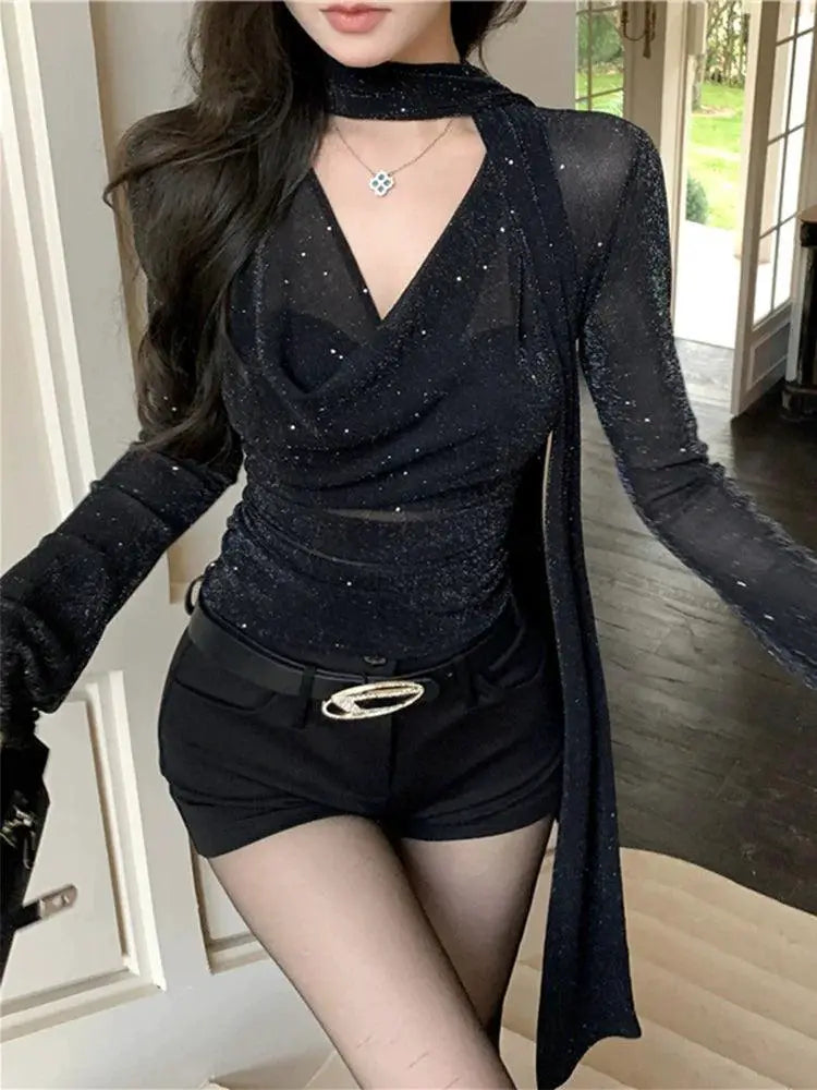 Sequined V Neck T Shirt Sparkling Glamour For Party Fashion
