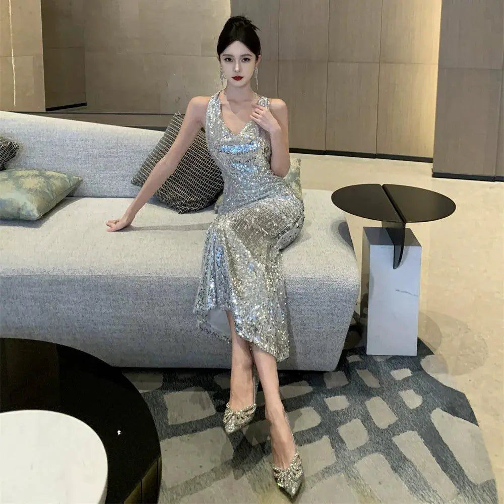 Silver Sequin Evening Gown V Neck Glam Dress for Events
