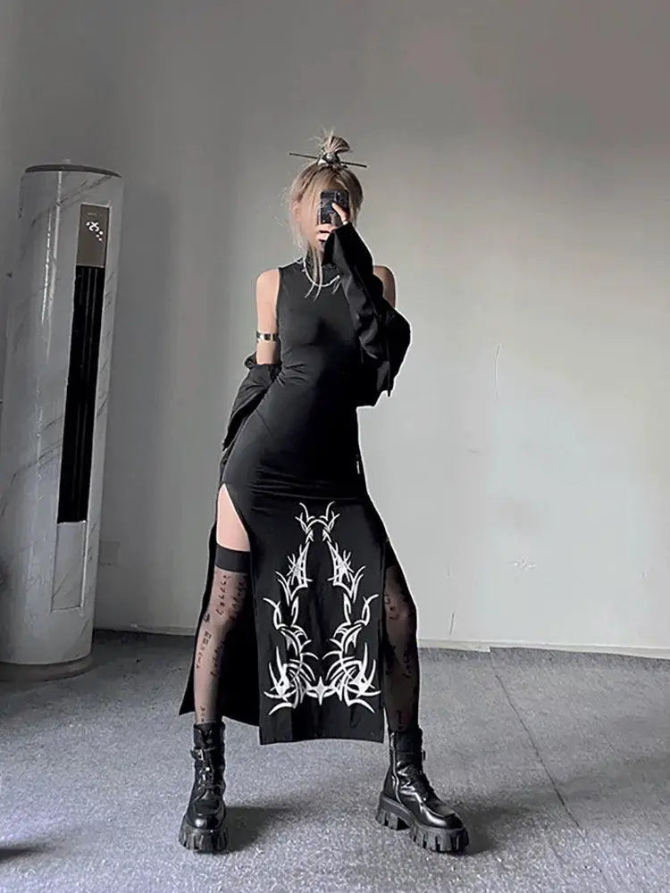 Elegant Dark Turtleneck Split Dress Sleeveless Chic Modern