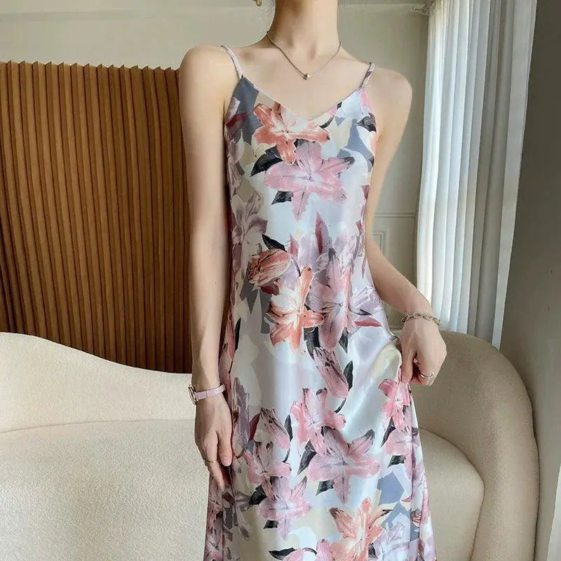 Silk Floral Sling Dress Elegant French Design for Women