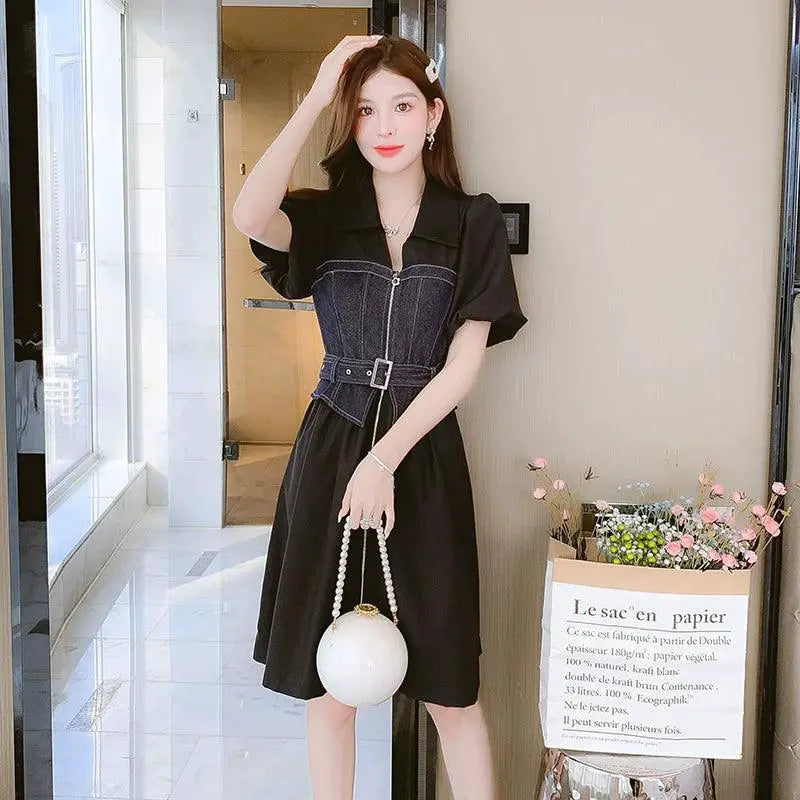 Vintage Denim Dress Retro Waist Slimming Style Icon