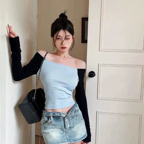 Off Shoulder Patchwork Shirt Retro Chic Elegance And Comfort