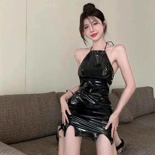 Sultry Black PU Leather Off Shoulder Dress Fashion Forward