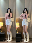 Pink Off-Shoulder Slim-Fit T-Shirt Korean Chic Style