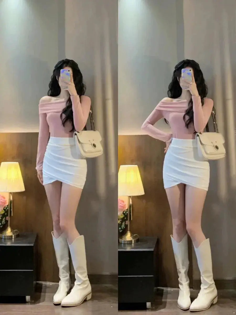 Pink Off Shoulder Slim Fit T Shirt Korean Chic Style