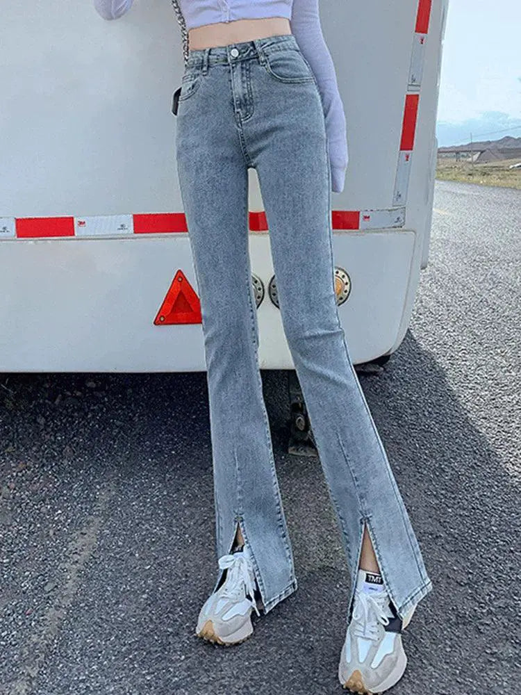 High Waist Flared Jeans With Split Detailing Denim