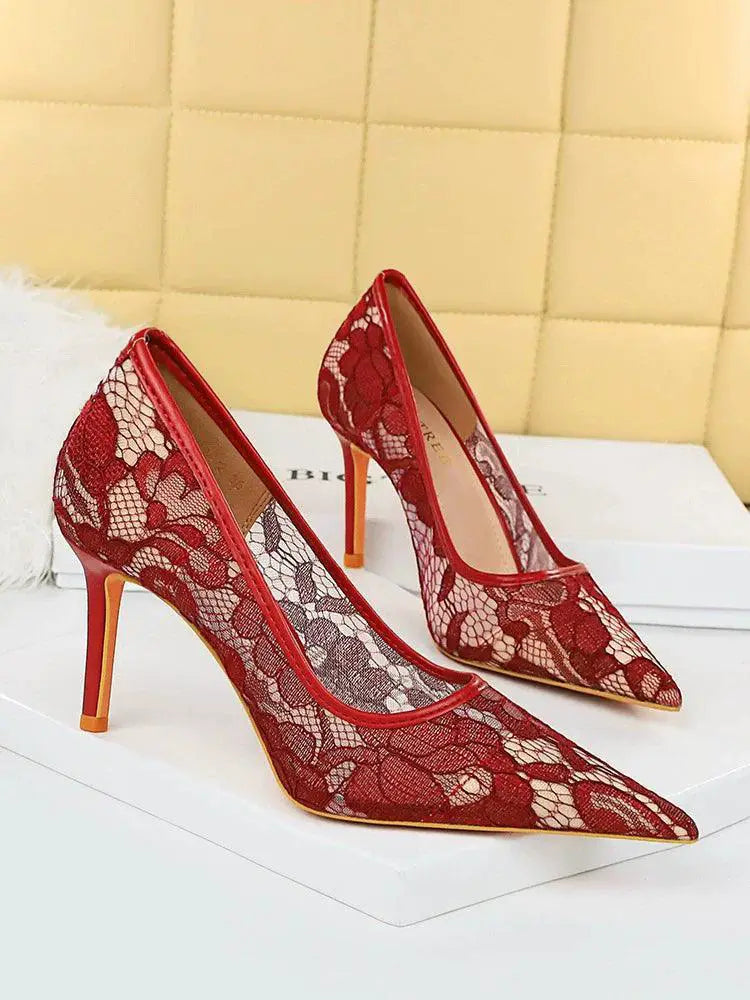 Elegant Lace Up High Heels Chic Hollow Mesh Design