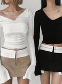 French Chic V-Neck Long Sleeve Top Streetwear Sophistication