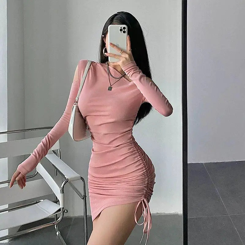 Slim Fit Oblique Shoulder Sheath Dress With Drawstring Waist