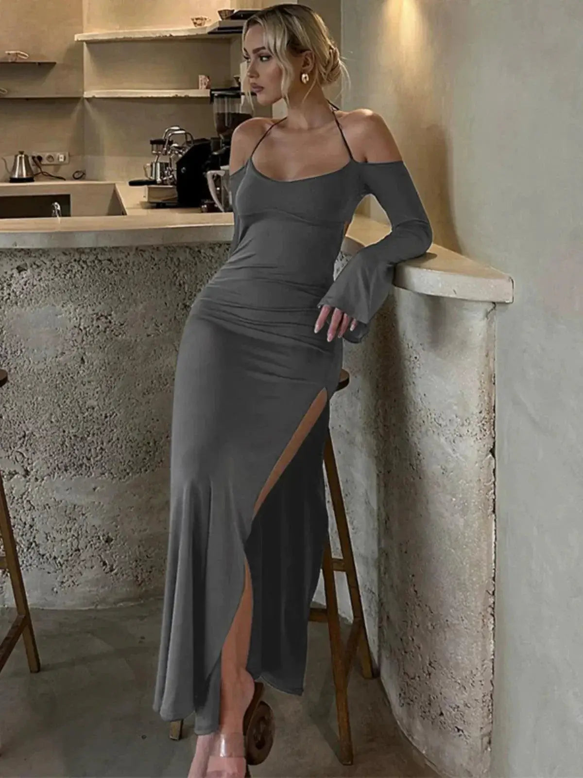 Flattering Off Shoulder Halter Gown For Chic Events