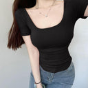 Sexy Square Collar Short Sleeve T-Shirt Women's Summer 2024