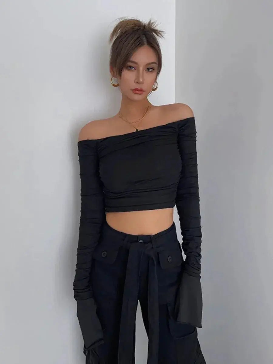 Elegant Mesh Yarn Off Shoulder Top For Autumn Fashion