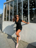 Pleated Black Sheath Dress Elegant High Waist V Neck