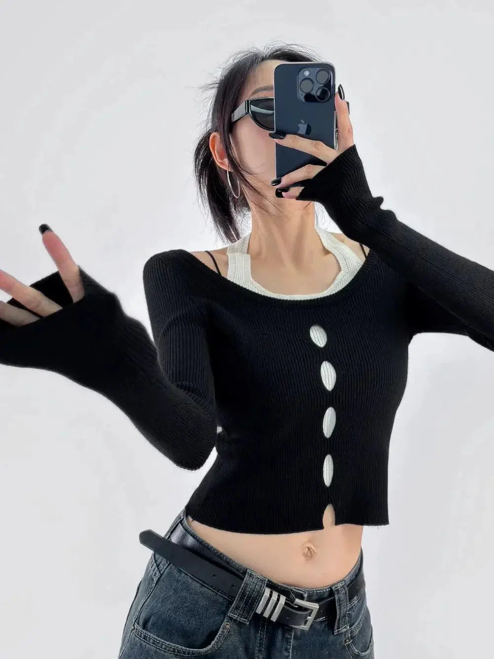 Color Contrast Halterneck Knitwear Slimming Top Patchwork