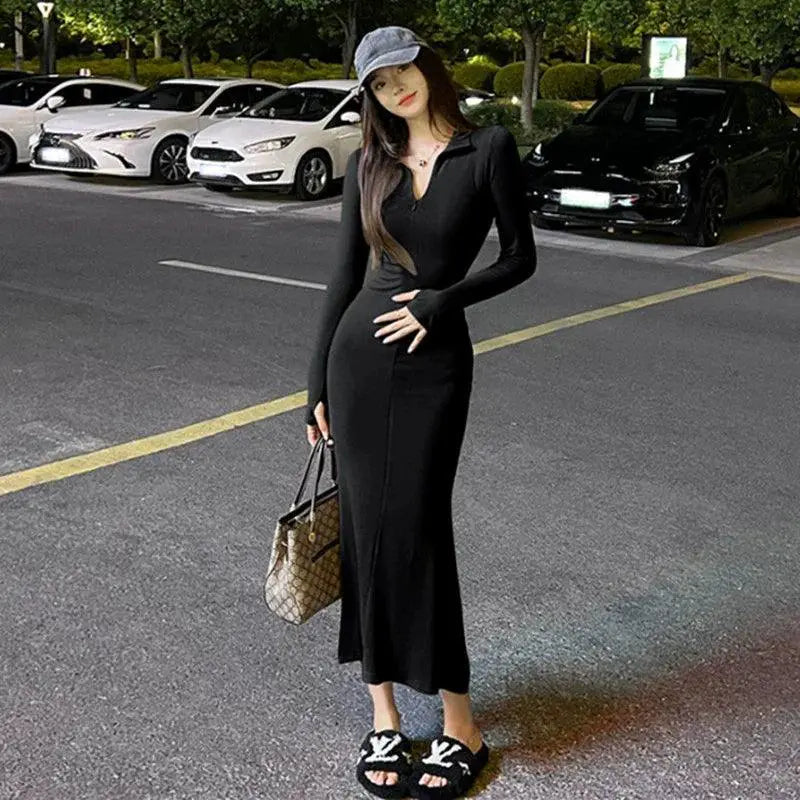 Elegant Dark Gray Fishtail Dress European Style For Women