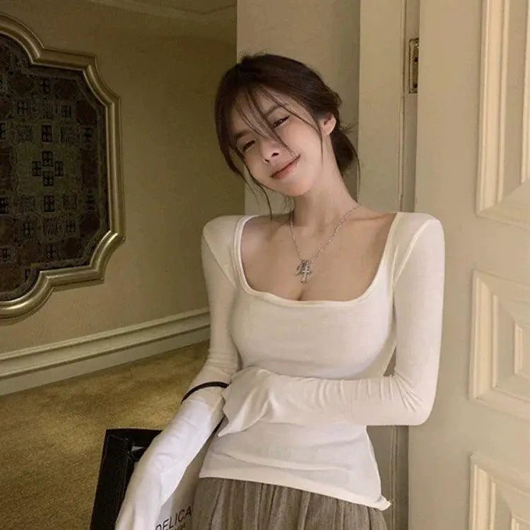Square Seduction Chic Low Cut Long Sleeve Top For Women