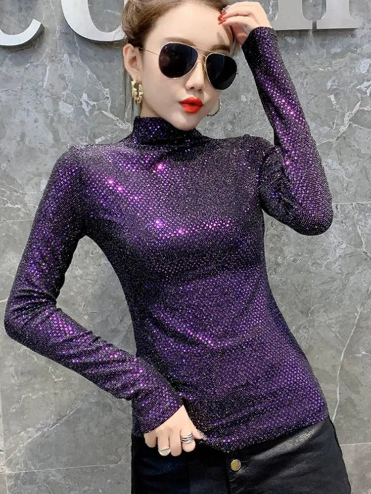 European Chic Sequin Turtleneck Shirt For Autumn Fashion