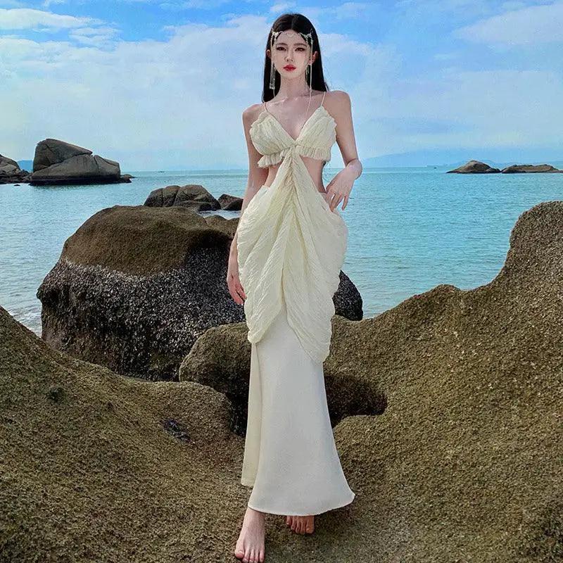 Ruched Asymmetric Beach Dress Elegant Summer Outfit 2024