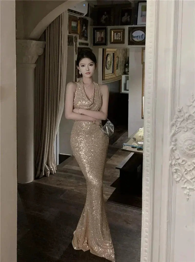 Pure Champagne Shiny Swing Collar Dress Elegance Silk Shine