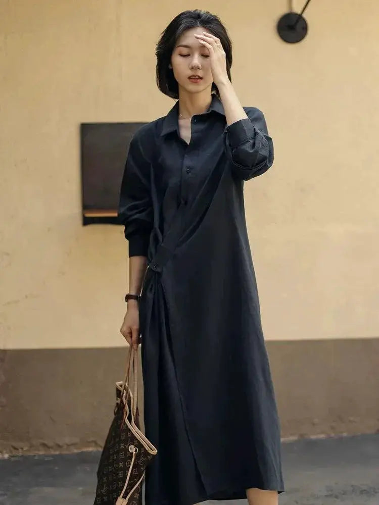 Sensual Shirt Dress Luxury Linen Cotton Polo Overknee Dress