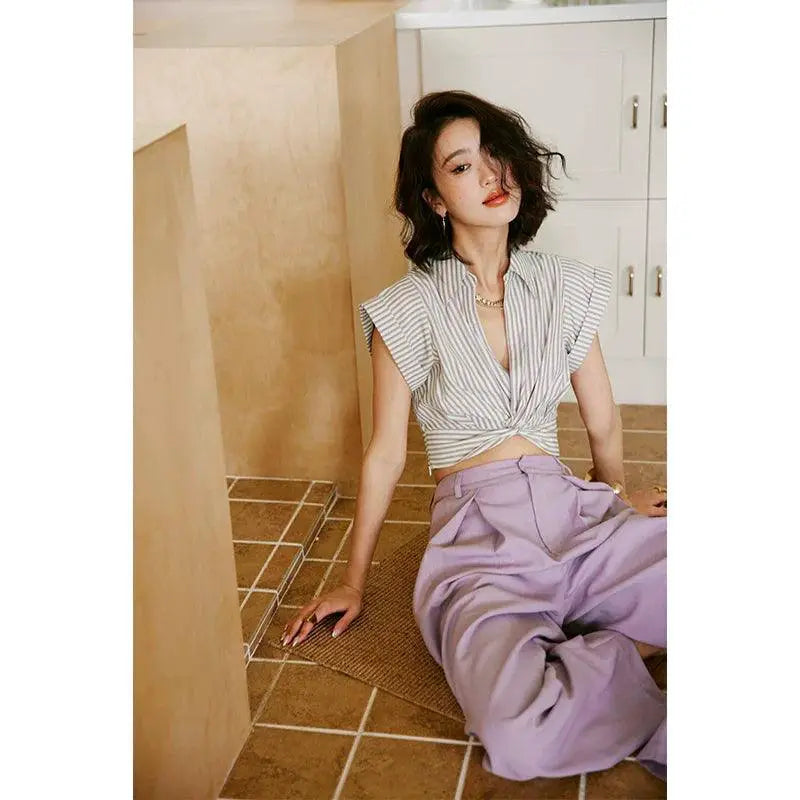 Rosebanks Purple Striped V Neck Shirt Chic Summer Style