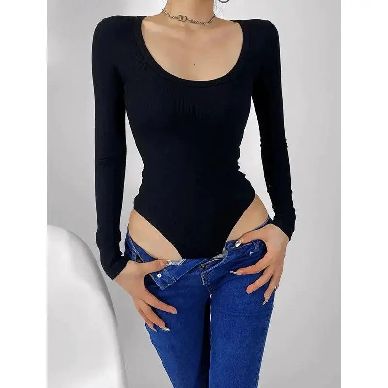 Siamese Fit Long Sleeve U Neck Top Modern Autumn Chic