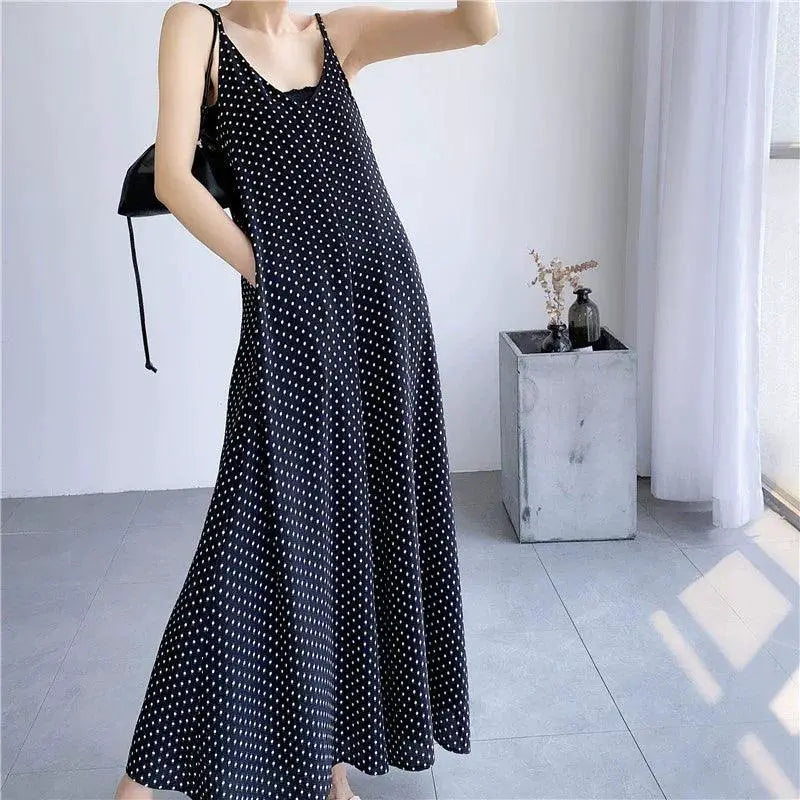 Black Polka Dot A Line Summer Dress With Pockets And Straps
