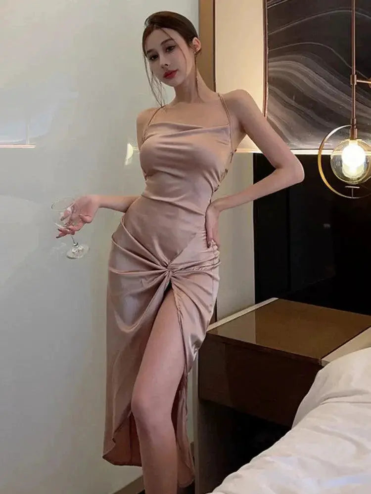 Cross Summer Lace Up Sheath Dress Korean Style Midi Dress